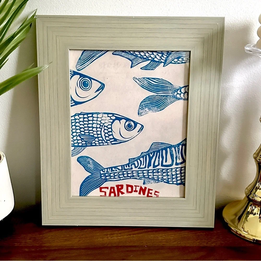 Retro Sardine Fish Canvas Print Wall Hang Art Blue Frame Blue Red Italy Ocean